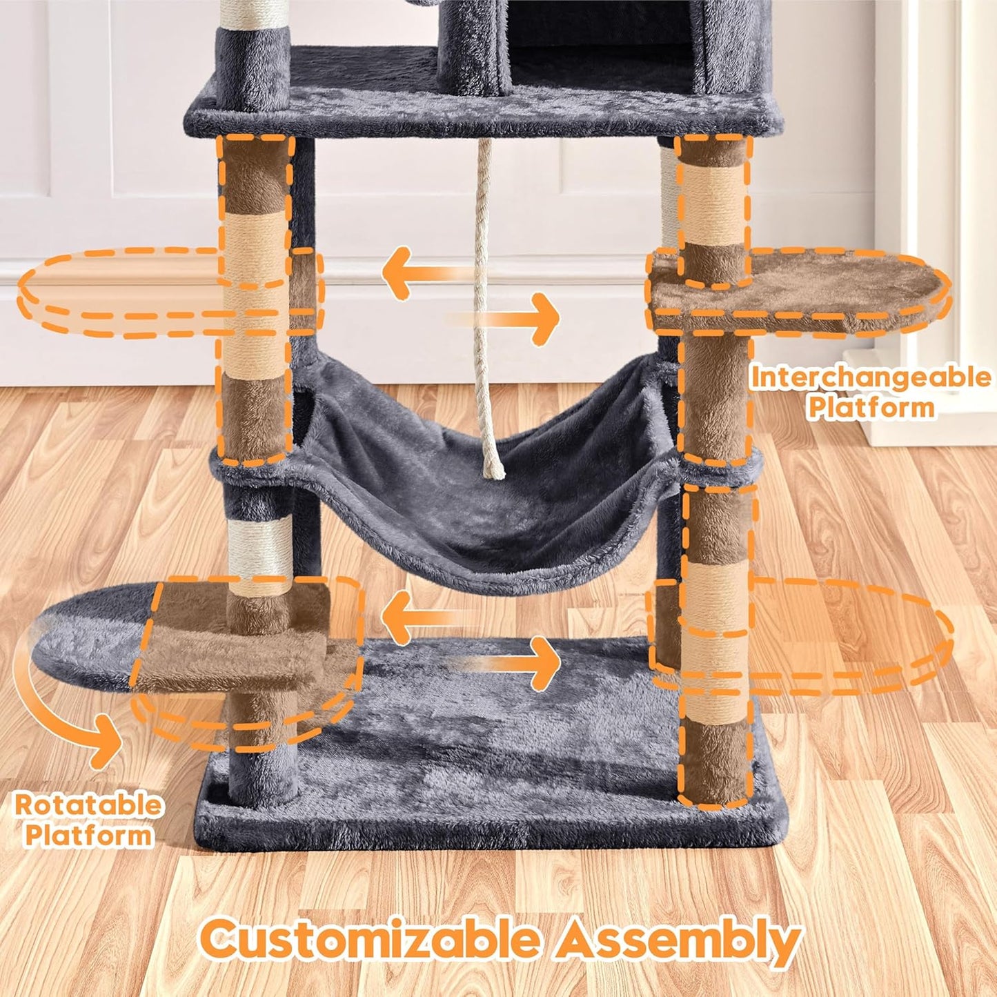150cm Large Cat Tree Tower Cat Scratching Posts with Condos/Hammock Kitten Climbing Tower for Indoor Kittens/Cats, Dark Grey   | FREE SHIPPING