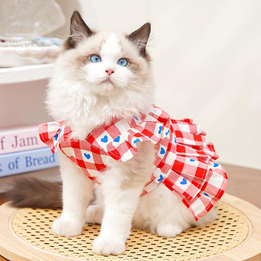 red plaid small dog dress heart pattern summer pet leash ring UK Happy Furry