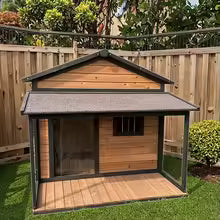 wooden dog kennel eco friendly villa style solid pattern button closure outdoor UK Happy Furry