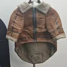 Fleece Lined Dog Lapel Leather Jacket Warm Pet Winter Coat Vintage Outerwear For Doberman Golden Retriever Medium Large Dogs