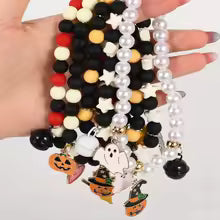 Halloween Cat Collar Pearl Necklace Cute Pumpkin Pet Jewelry Bell Pendant Kitten Costume Accessories Fashion Party Decoration