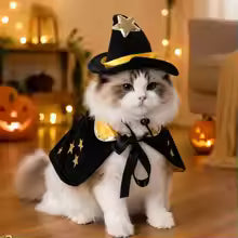 halloween pet cat witch costume black cape wizard hat moon star cloak UK Happy Furry