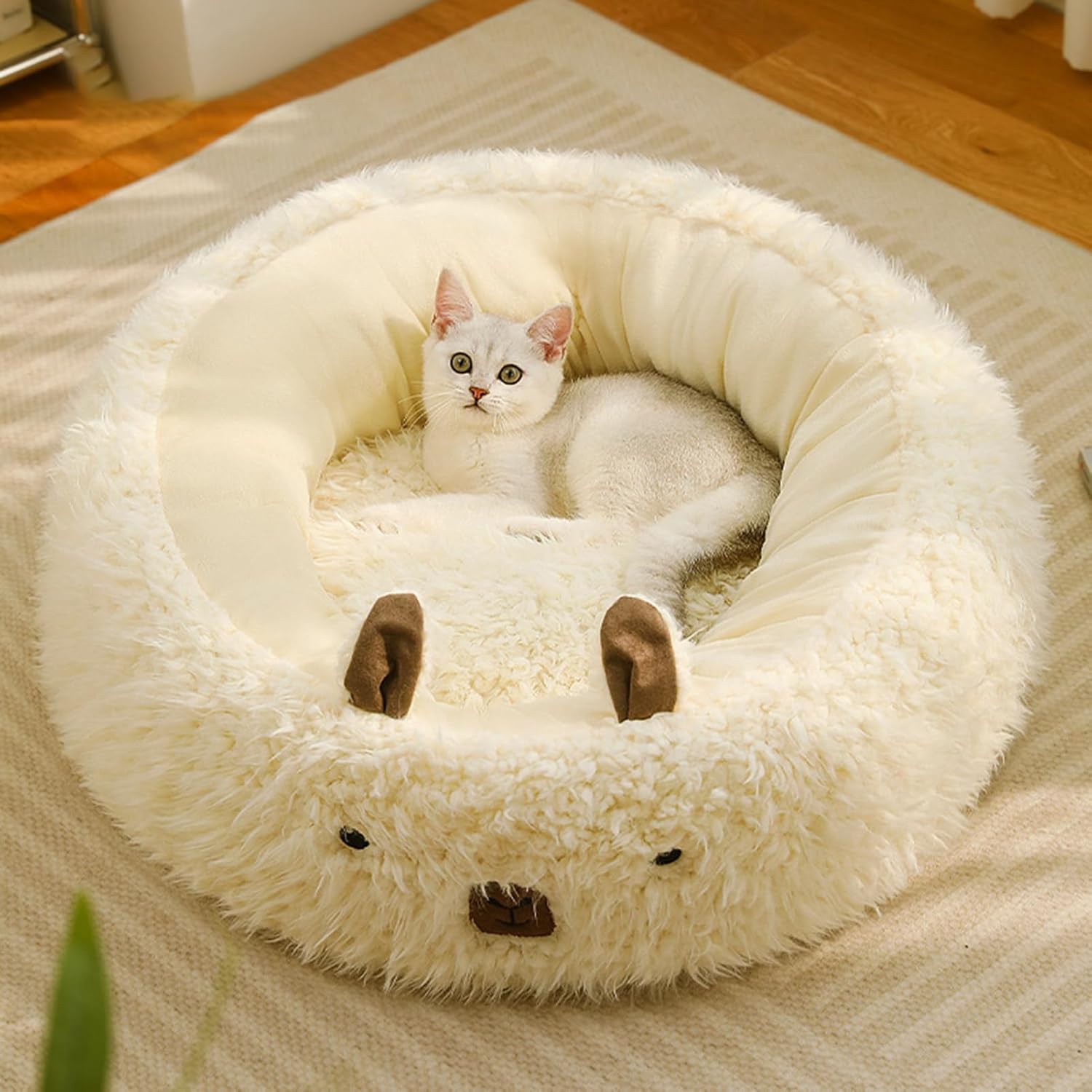 alpaca calming dog cat bed detachable plush pads anti slip raised edges winter UK Happy Furry
