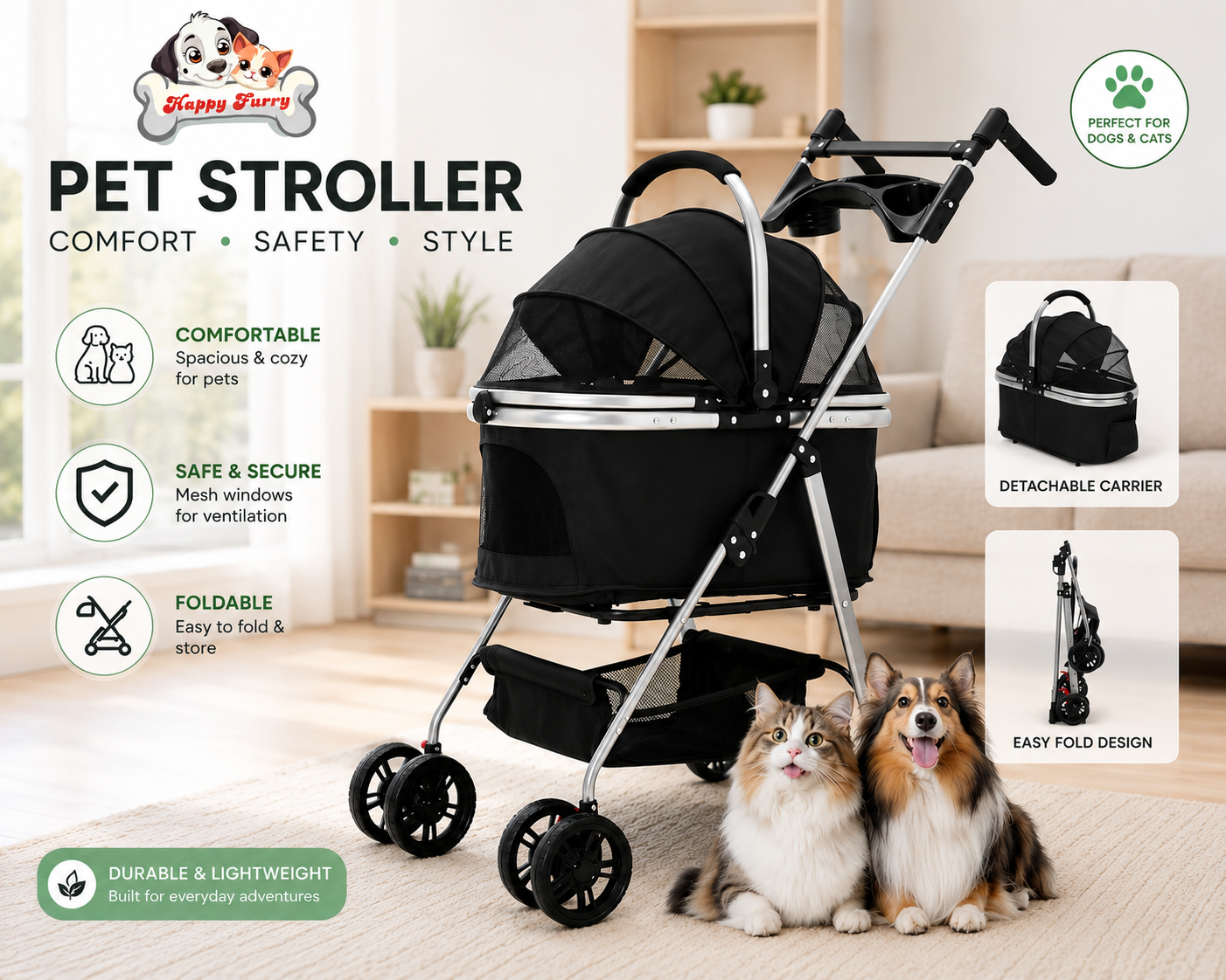 Pet Stroller 3-in-1,Foldable Cat Dog Strollers for Medium Dogs 20KG,Pet Travel Dog Stroller Pushchair with Detachable Carrier Car Seat,Storage Basket,Storage Bag and Food Tray (Black)   | FREE SHIPPING