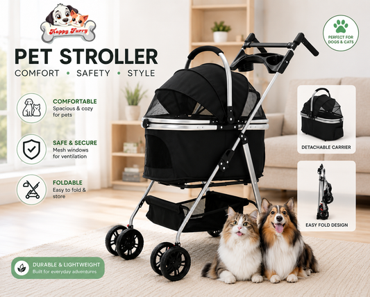 Pet Stroller 3-in-1,Foldable Cat Dog Strollers for Medium Dogs 20KG,Pet Travel Dog Stroller Pushchair with Detachable Carrier Car Seat,Storage Basket,Storage Bag and Food Tray (Black)   | FREE SHIPPING