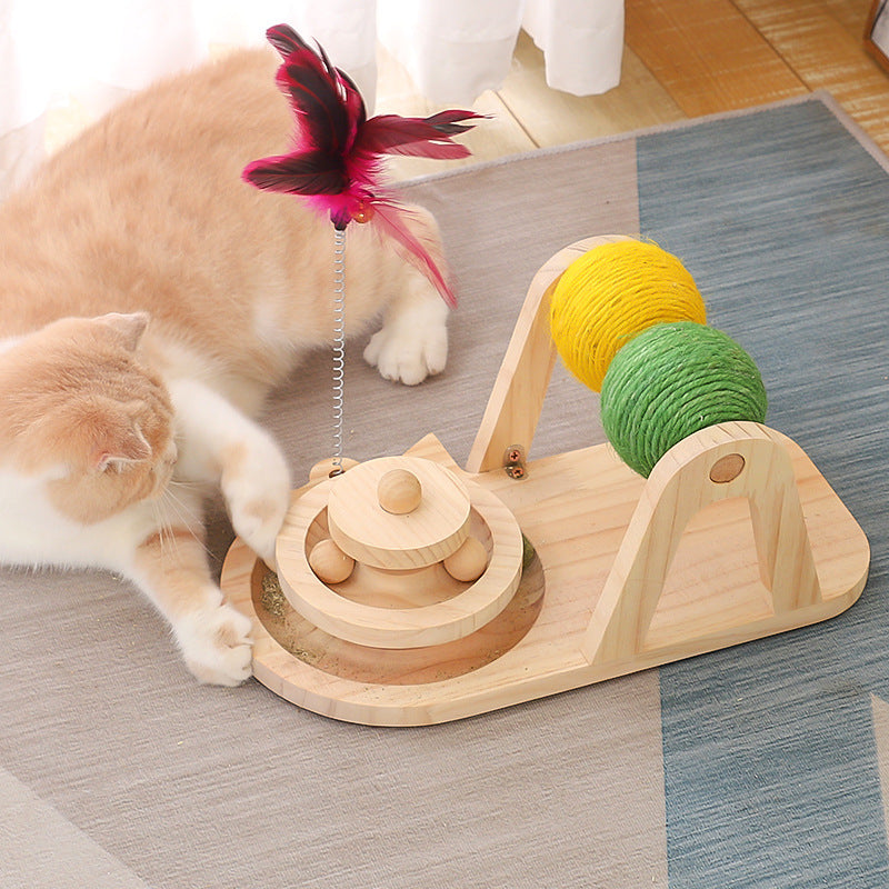 creative solid wood turntable sisal ball cat toy UK Happy Furry
