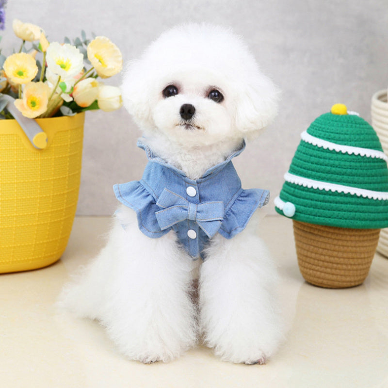 pet denim jeans dress ruffles vest harness puppy blue jean UK Happy Furry