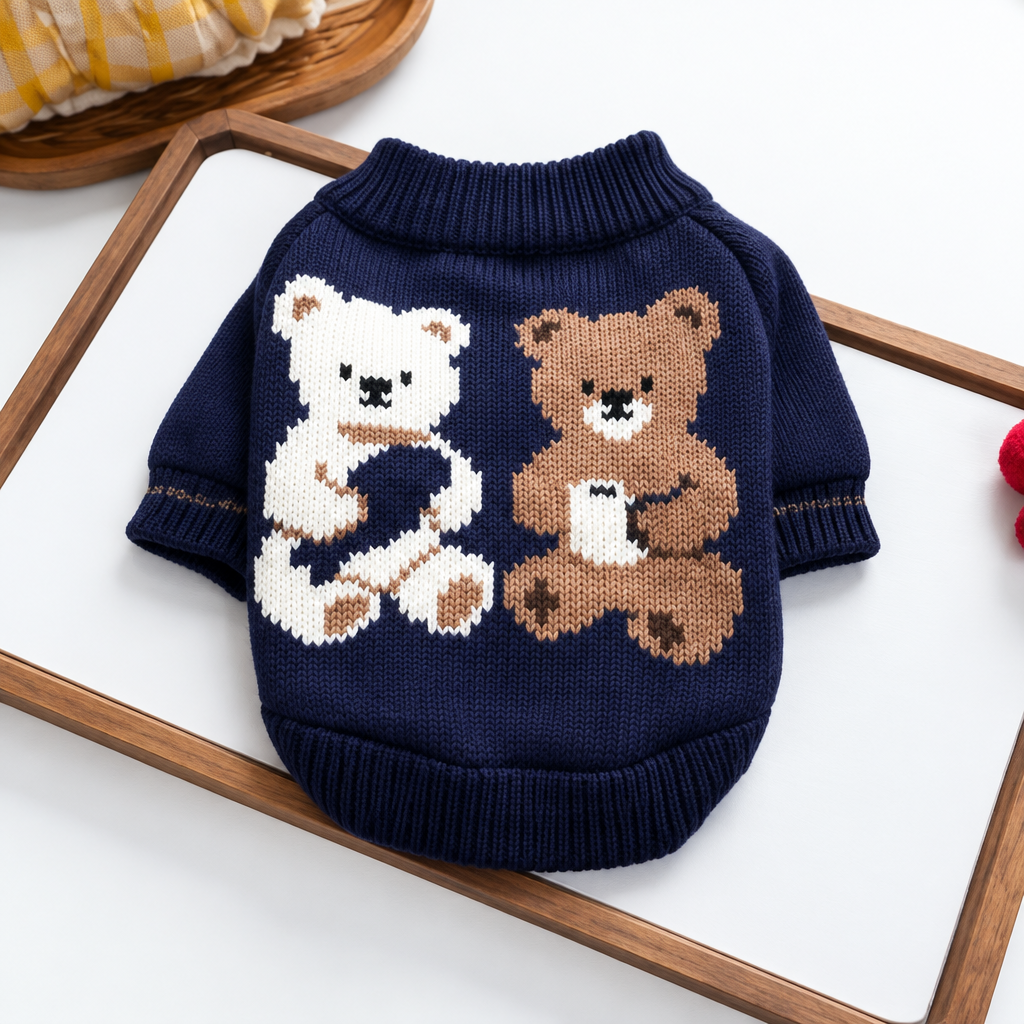 Navy knitted dog sweater with white and brown teddy bear designs laid flat