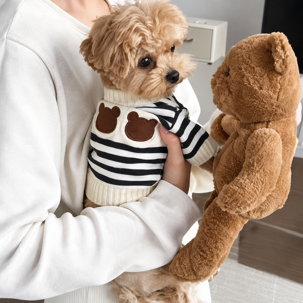 Small tan dog wearing a navy and cream striped bear-motif jumper beside a teddy bear