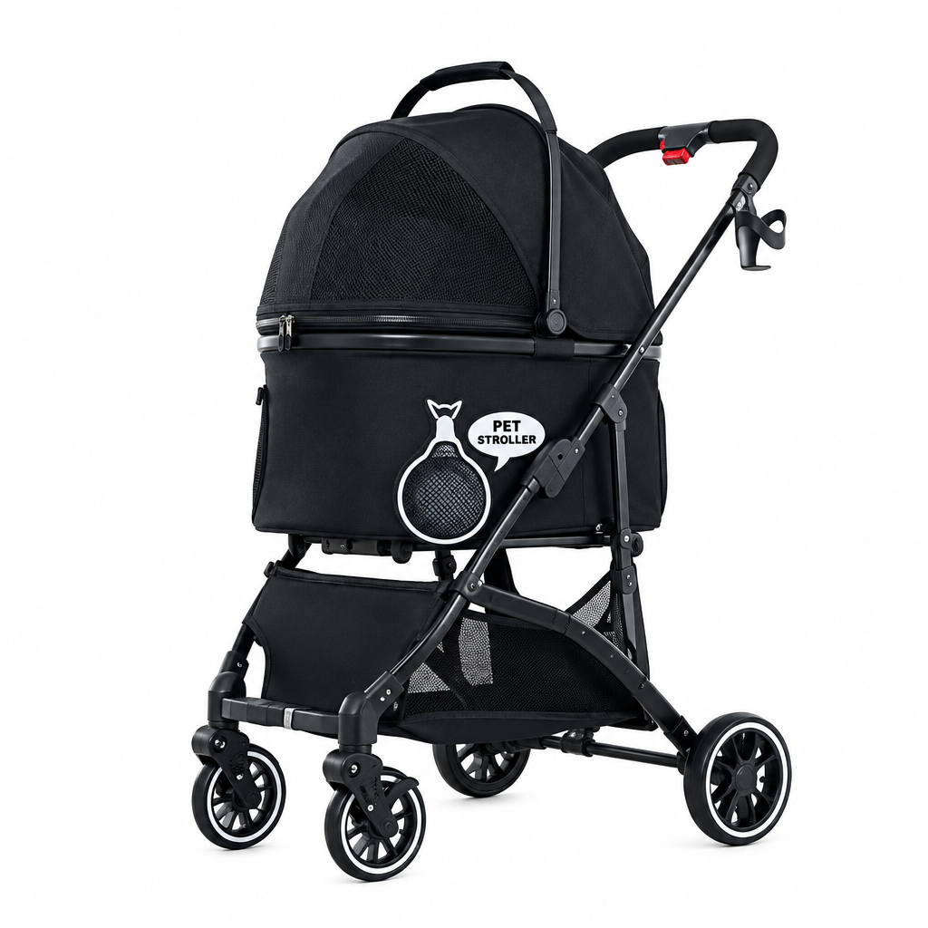 Pet stroller with detachable basket in an enhanced product photograph.