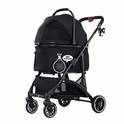 Pet stroller with detachable basket in an enhanced product photograph.