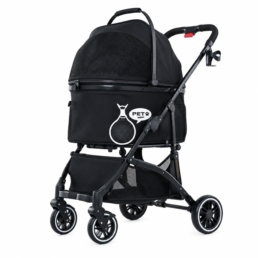 Detachable basket pet stroller product photograph.