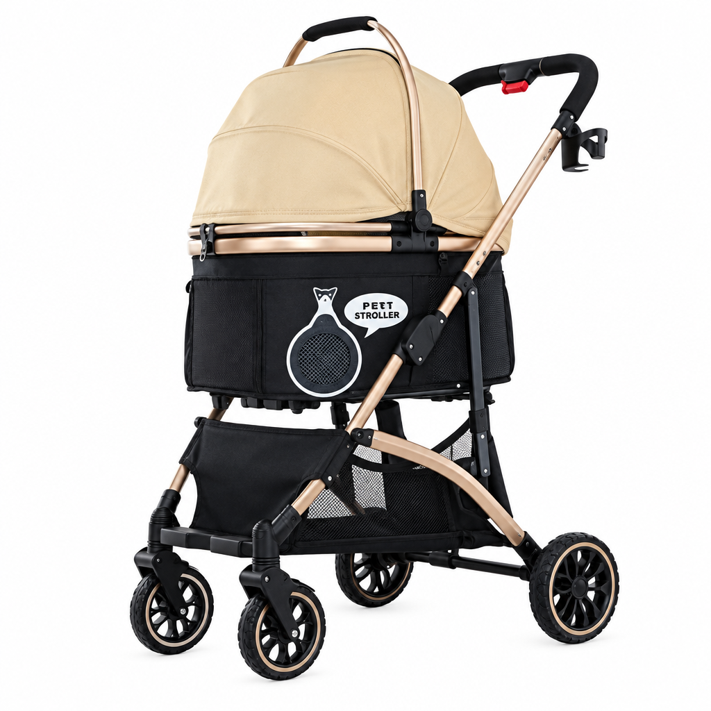Pet stroller product photograph showing its frame and basket.