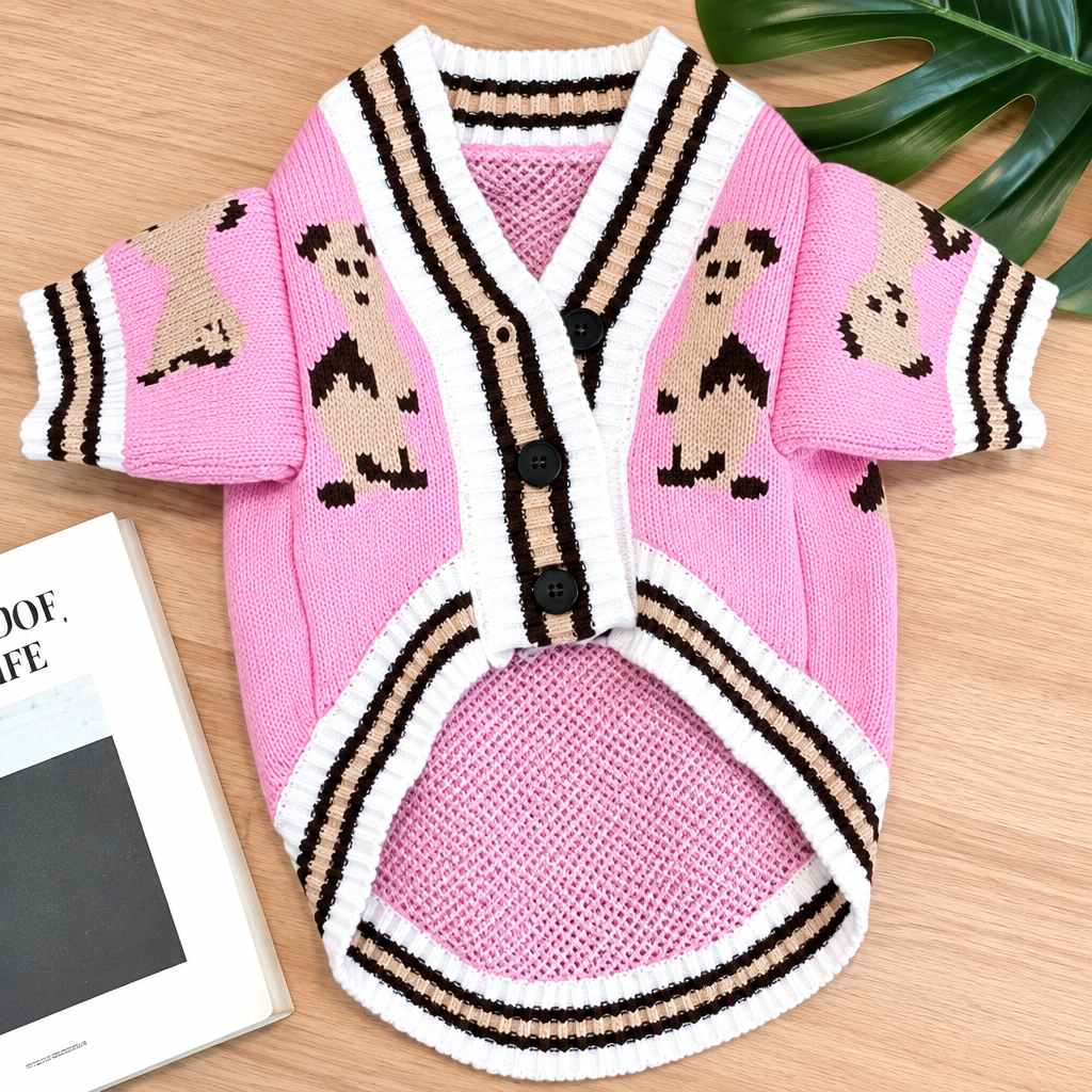 Pink knitted dog cardigan with white trim, black buttons and beige bear motifs