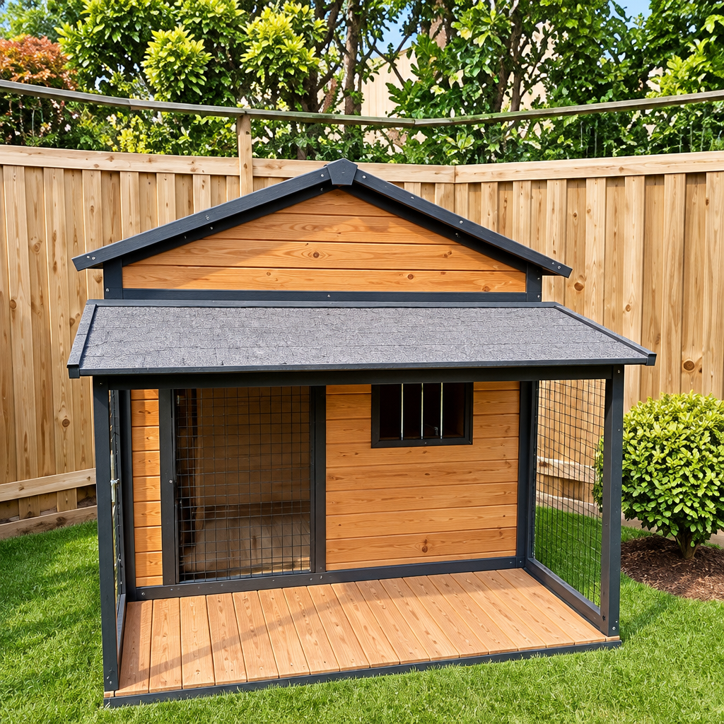 Front view of a wooden dog kennel with a dark roof, covered timber porch and small window.
