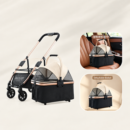 Detachable basket pet stroller in a clear product view.