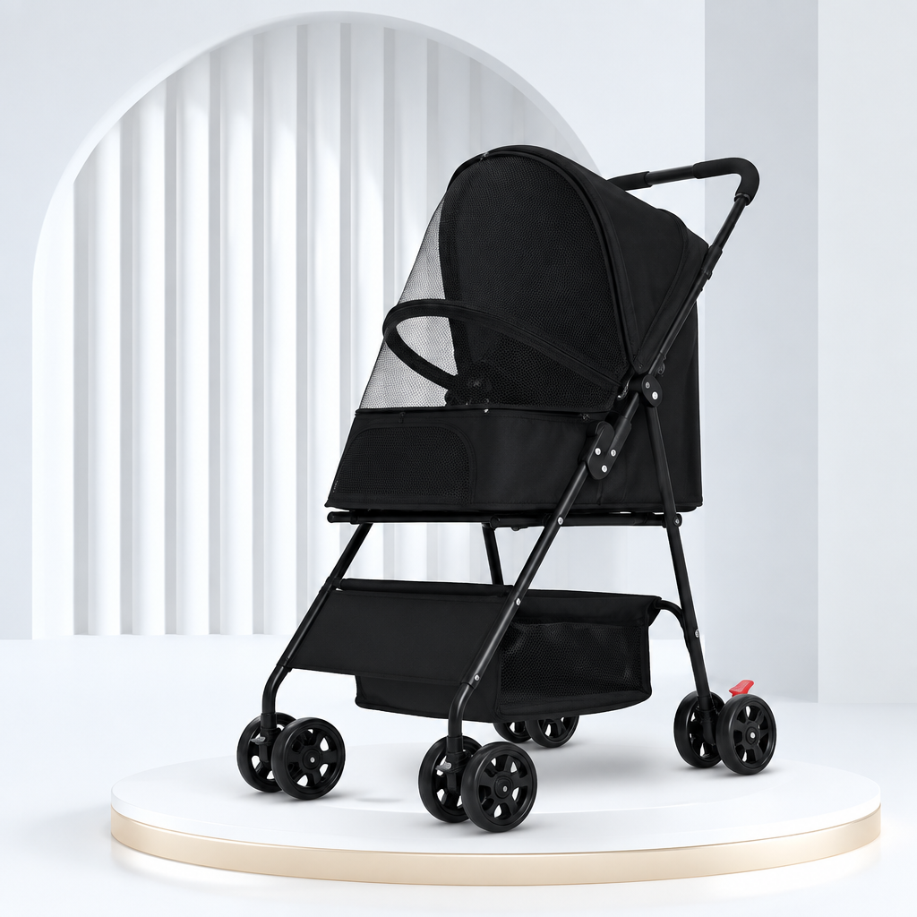 Black pet stroller with a mesh canopy and lower storage basket, photographed against a bright studio backdrop for Happy Furry UK.