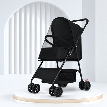 Black pet stroller with a mesh canopy and lower storage basket, photographed against a bright studio backdrop for Happy Furry UK.
