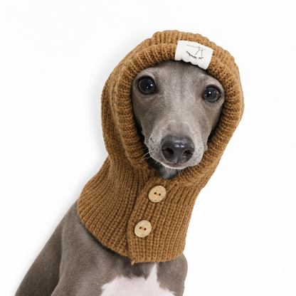 Soft knitted dog balaclava and neck warmer for a Whippet, Happy Furry UK