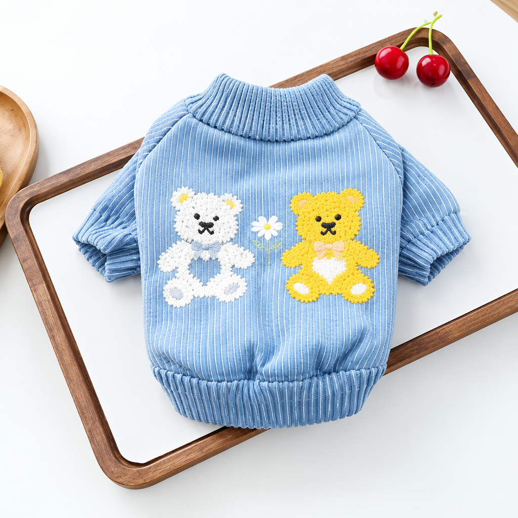 Light blue ribbed dog sweater with white and yellow teddy bears on the back