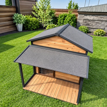 Wooden dog kennel in a garden viewed from above, showing its grey roof and covered timber porch.