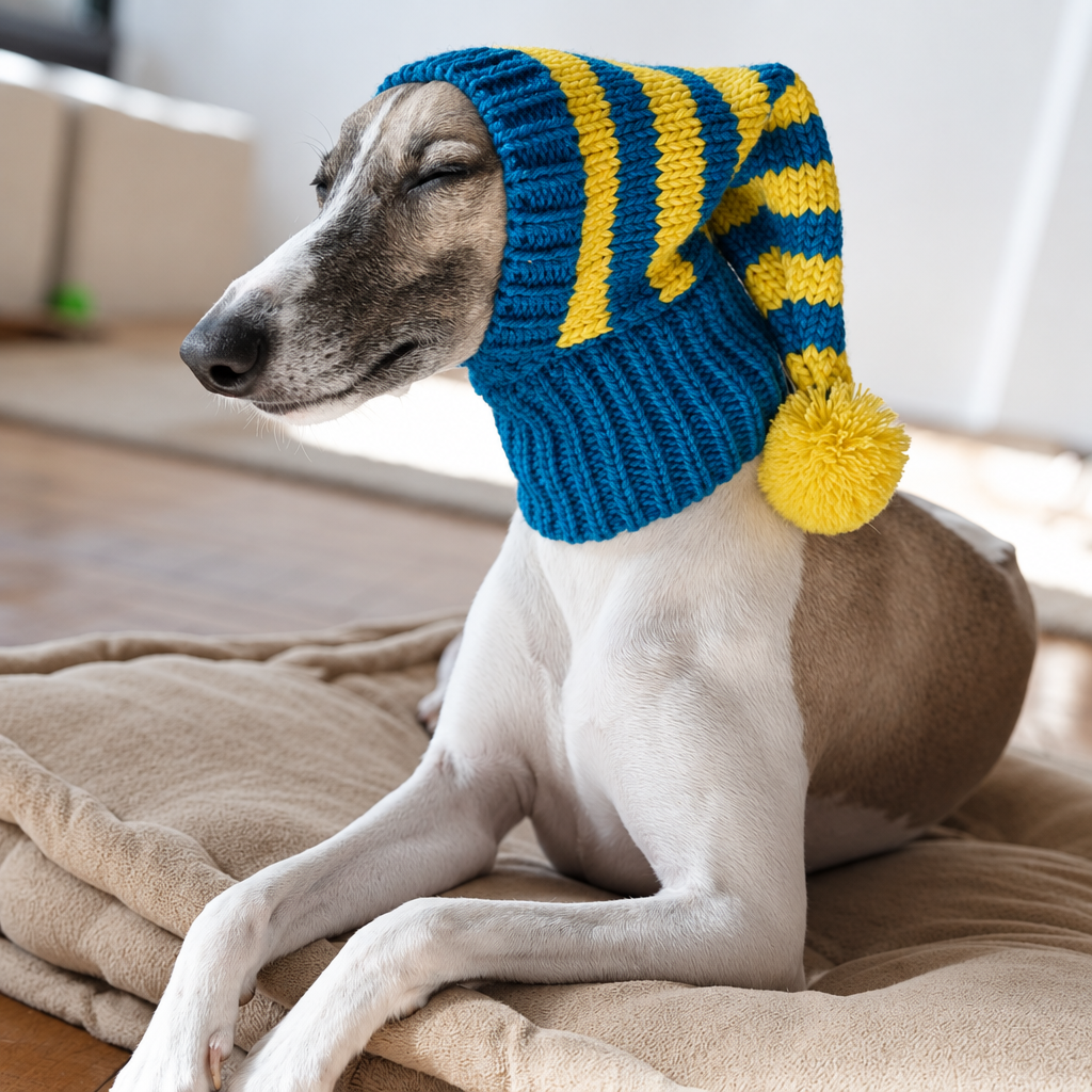Striped knitted winter hat for an Italian Greyhound, Happy Furry UK