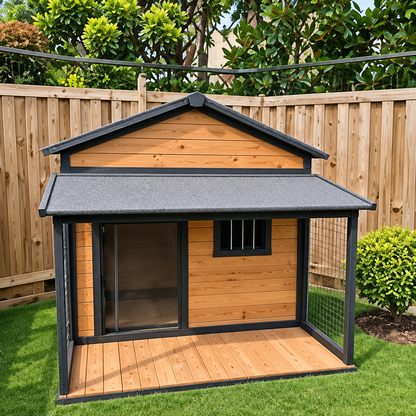 premium eco friendly wooden dog kennel villa style button closure outdoor UK Happy Furry