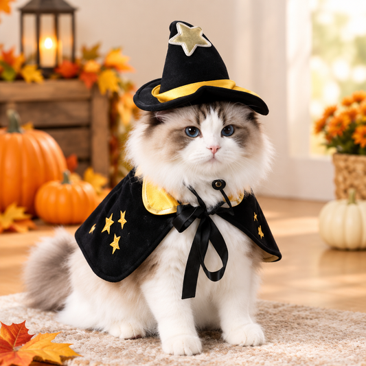 Fluffy cat wearing a black witch hat with a gold star and a matching star-pattern cape beside autumn pumpkins.