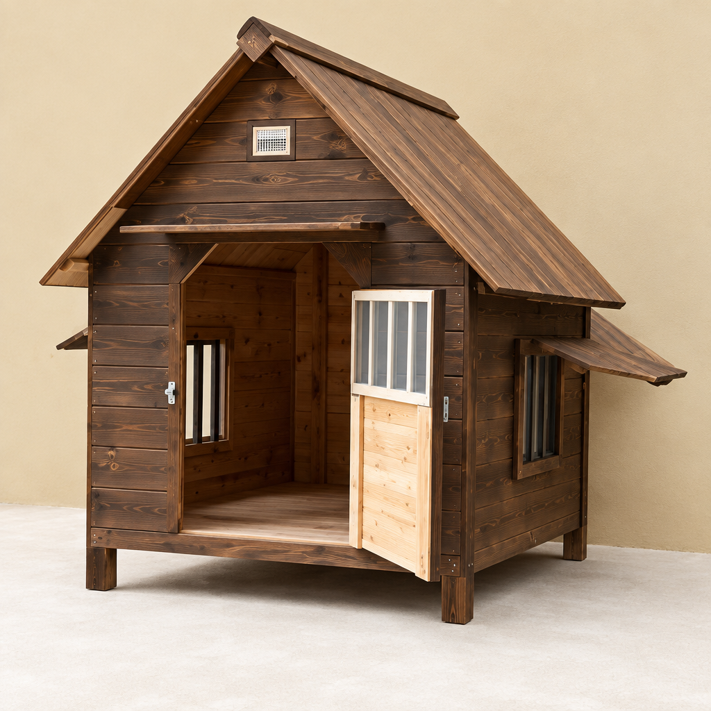 Dark-stained solid wood dog house with pitched roof, half-open glazed stable door and side windows, from Happy Furry UK