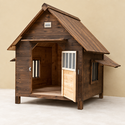 Dark-stained solid wood dog house with pitched roof, half-open glazed stable door and side windows, from Happy Furry UK
