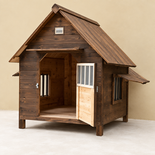 Dark-stained solid wood dog house with pitched roof, half-open glazed stable door and side windows, from Happy Furry UK