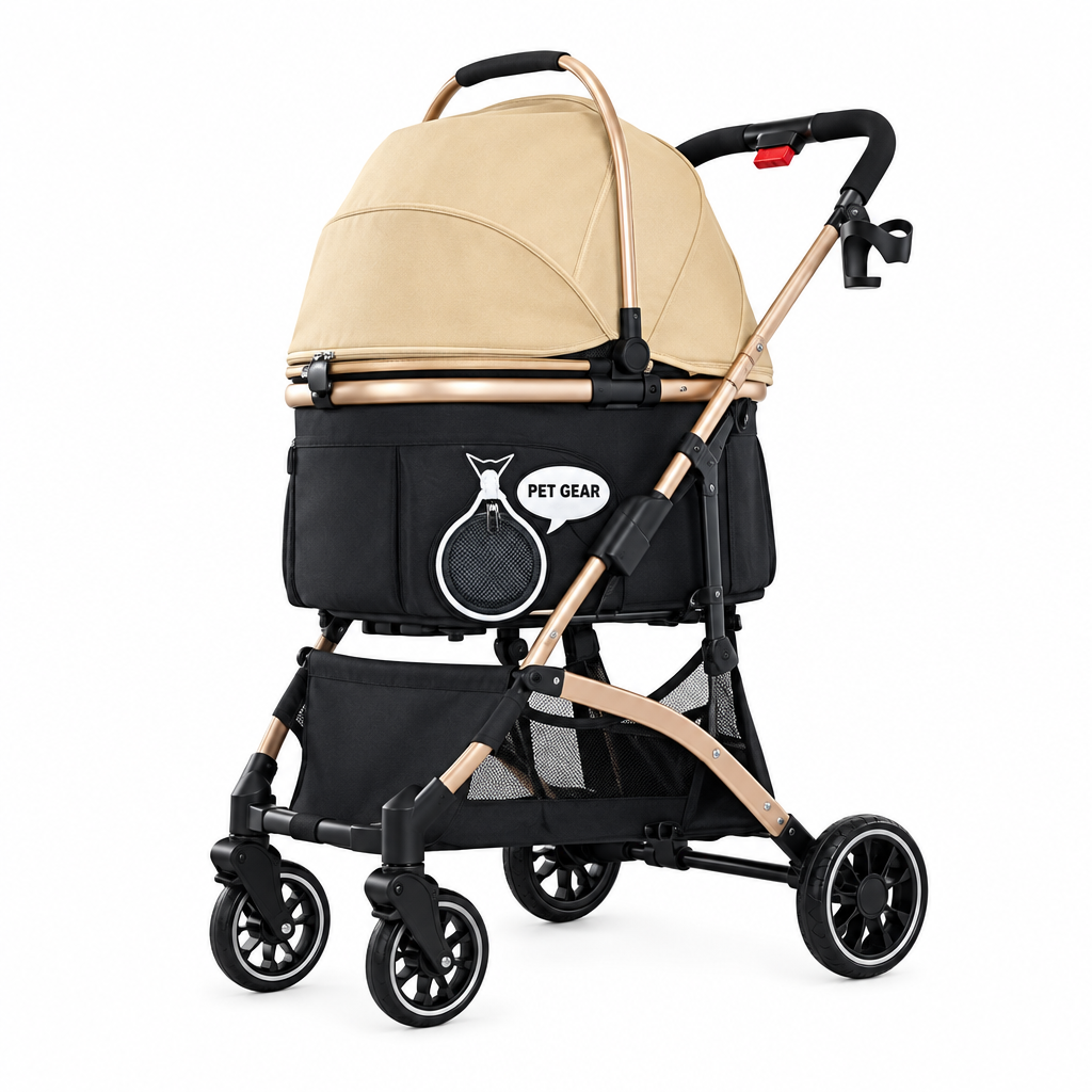 Pet stroller frame and basket shown in an enhanced product image.