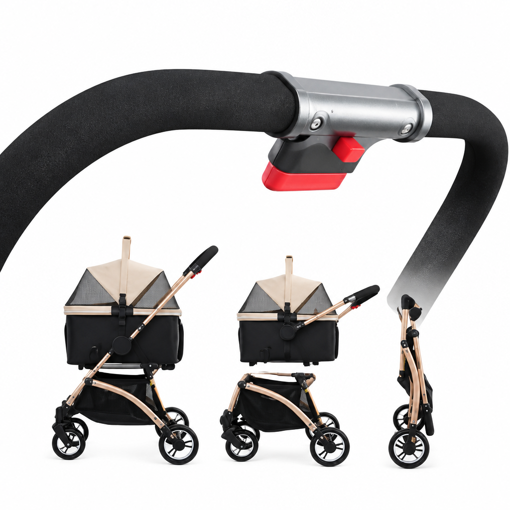 Pet stroller product photo with detachable carrier basket.