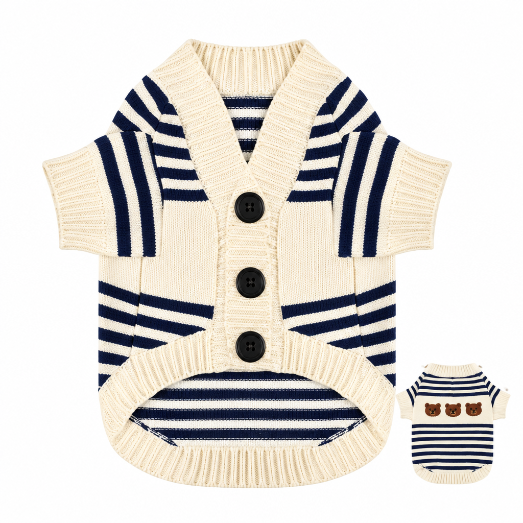 Cream and navy striped knitted dog cardigan with three black front buttons