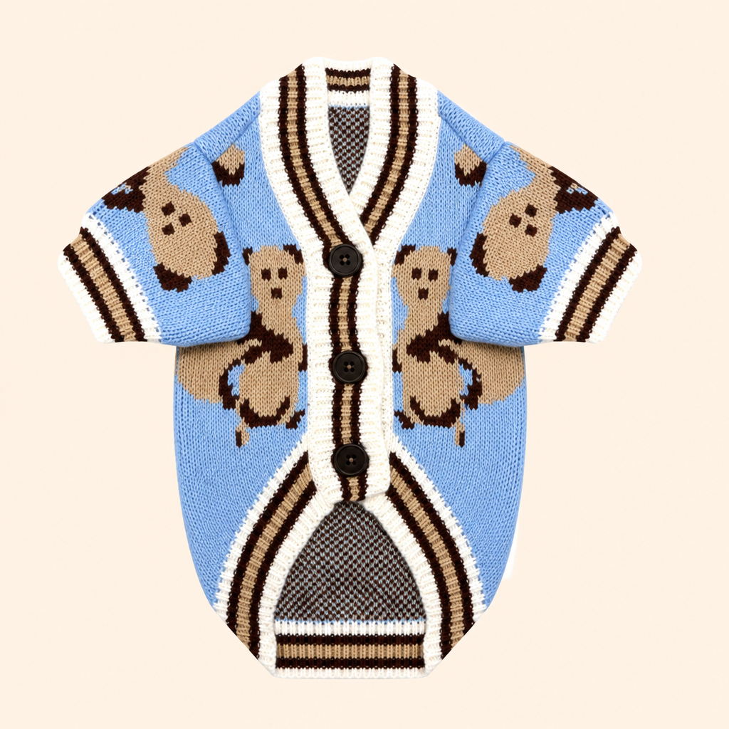 Light blue button-front knitted dog cardigan with beige bear patterns