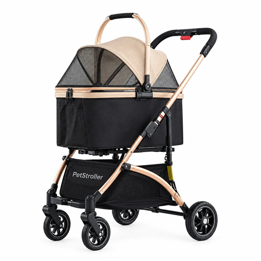 Detachable basket pet stroller shown from another angle for Happy Furry UK.