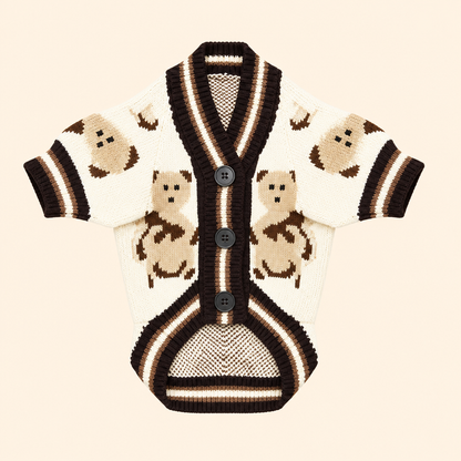 Cream button-front knitted dog cardigan with brown trim and beige bear patterns