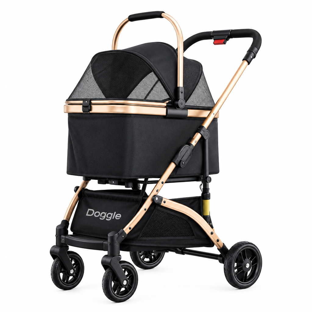 Pet stroller with detachable basket in a clear product image for Happy Furry UK.