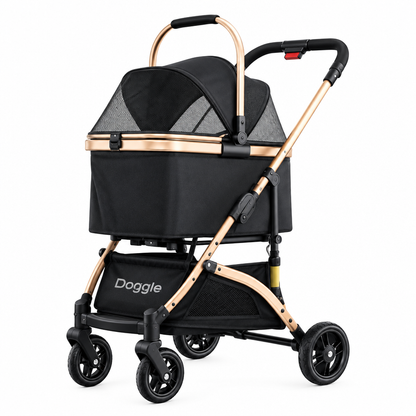 Pet stroller with detachable basket in a clear product image for Happy Furry UK.