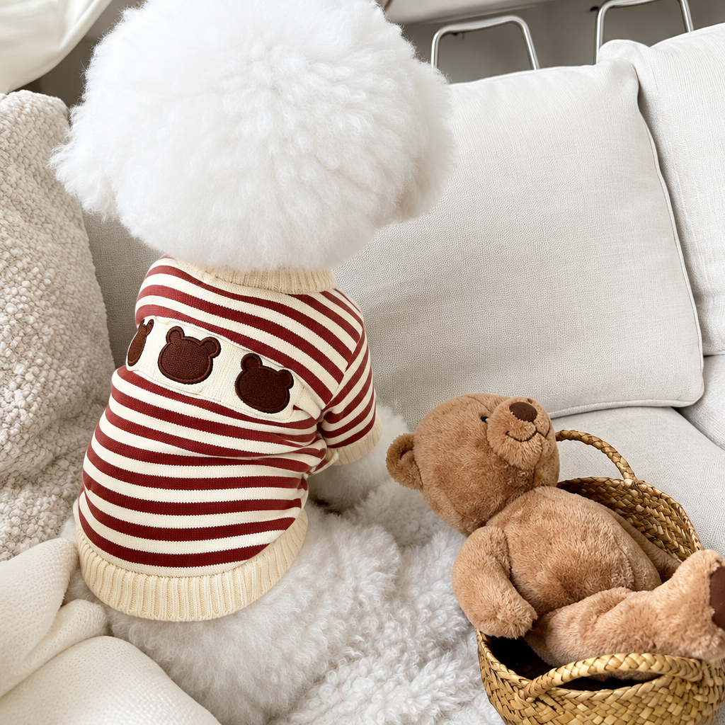 White fluffy dog seen from behind wearing a cream and brown striped bear-motif jumper