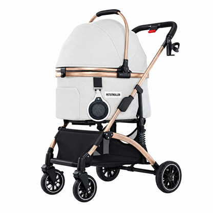 Pet stroller with basket in an enhanced product photograph.