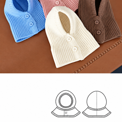 Cream knitted dog head cover alongside blue and brown styles and a front-and-back outline drawing