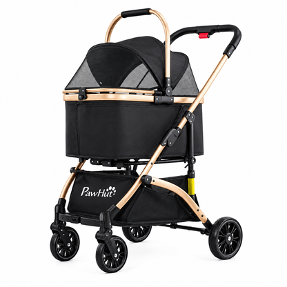 Detachable pet stroller basket and frame in product photograph.