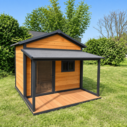 eco friendly villa style wooden outdoor dog kennel solid pattern button UK Happy Furry