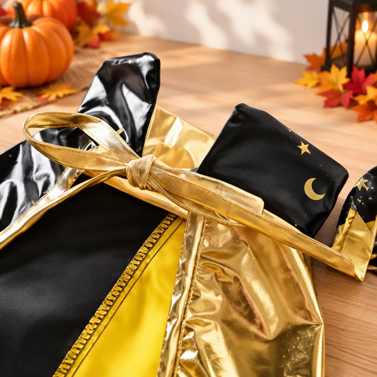 Close-up of a black witch hat and matching cape with gold moon and star details, arranged on a wooden surface.