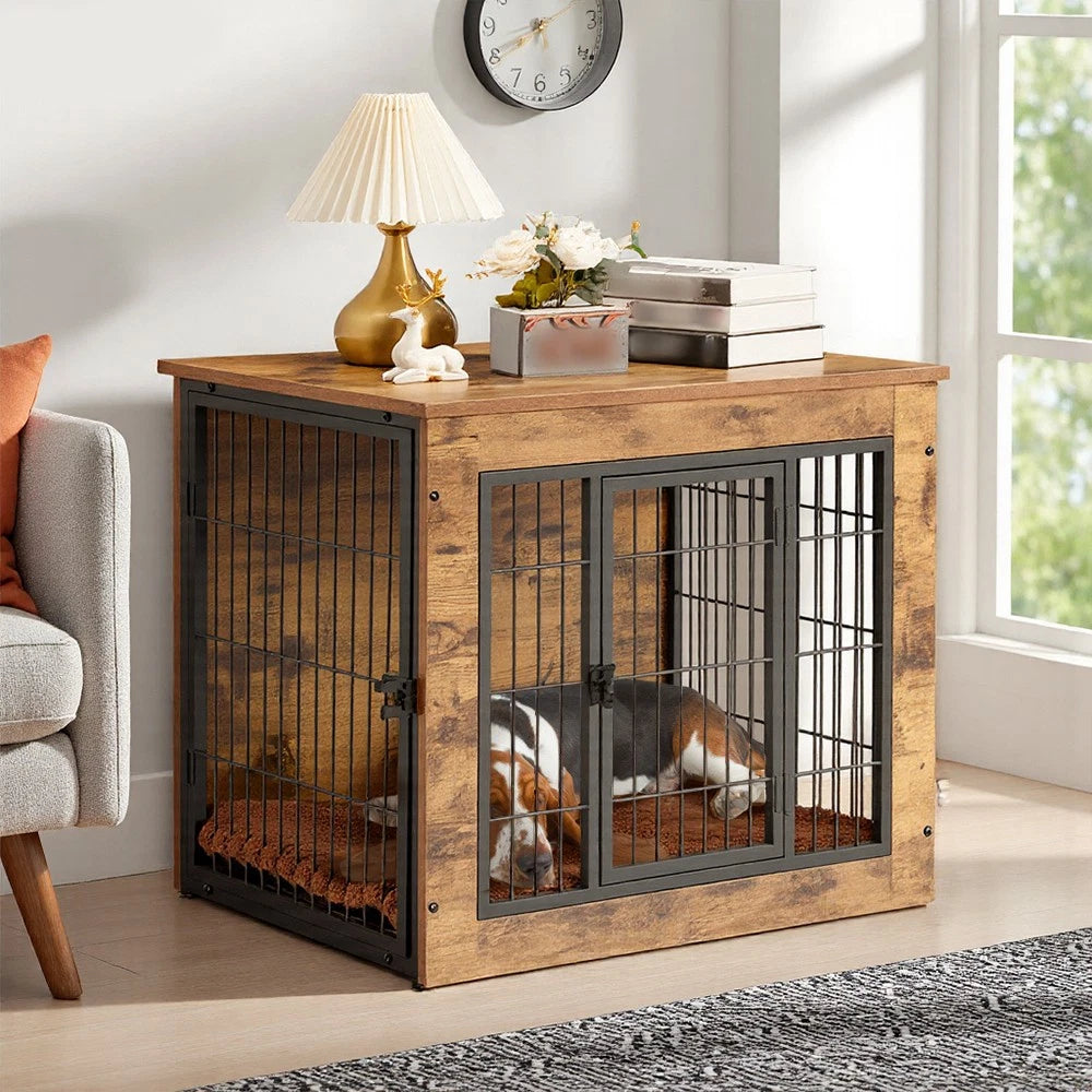 Furniture Style Dog Crate, Puppy Cage End Table, Pet Kennel Sheltering w/ 2Doors