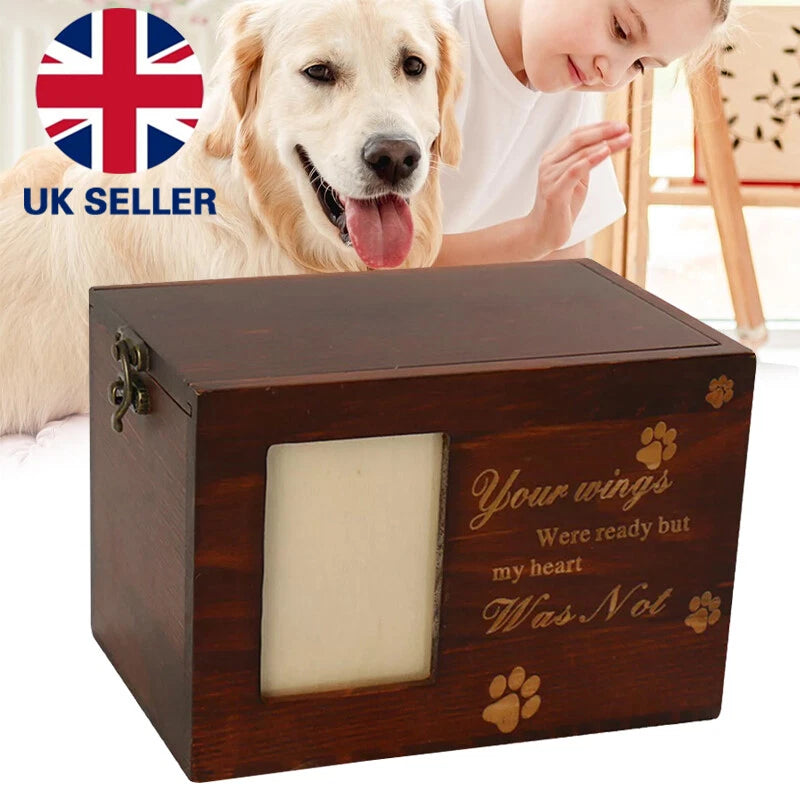 Wooden Pet Memorial Urn for Ashes with Photo Frame-Cat or Dog Memory Box UK