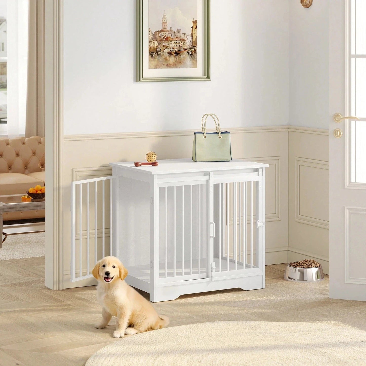 White Dog Crate Furniture with Barn Door End Table Small Dogs 69cm