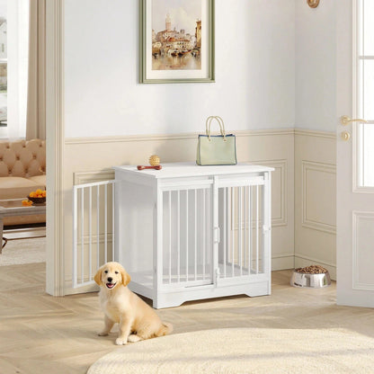 White Dog Crate Furniture with Barn Door End Table Small Dogs 69cm