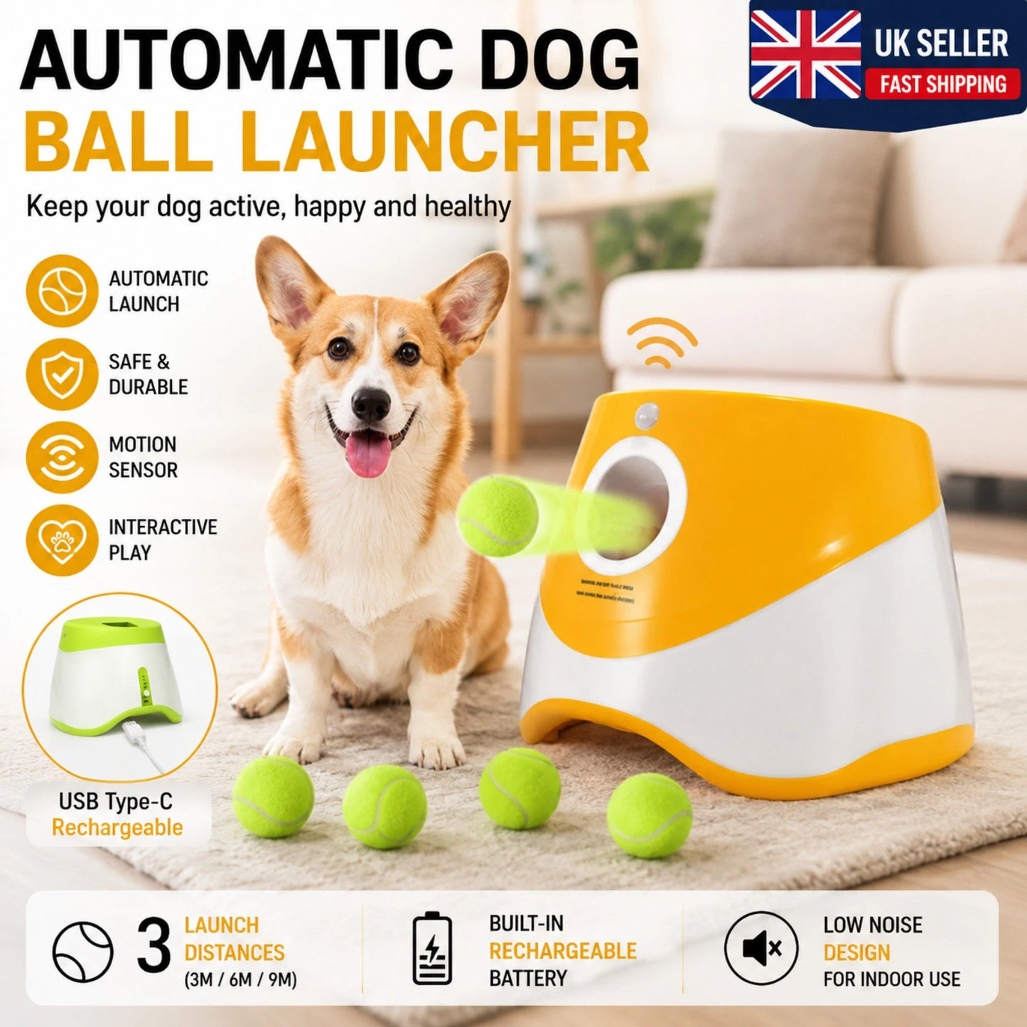 automatic dog ball launcher interactive tennis ball thrower 5 balls UK Happy Furry